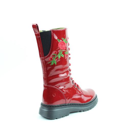 Heavenly Feet Avena2 Rose women's red vegan mid-calf lace-up boots with floral embroidery and zip closure.