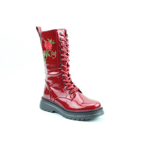 Heavenly Feet Avena2 Rose women’s red patent vegan mid-calf lace-up and zip boots with embroidered cherry design.