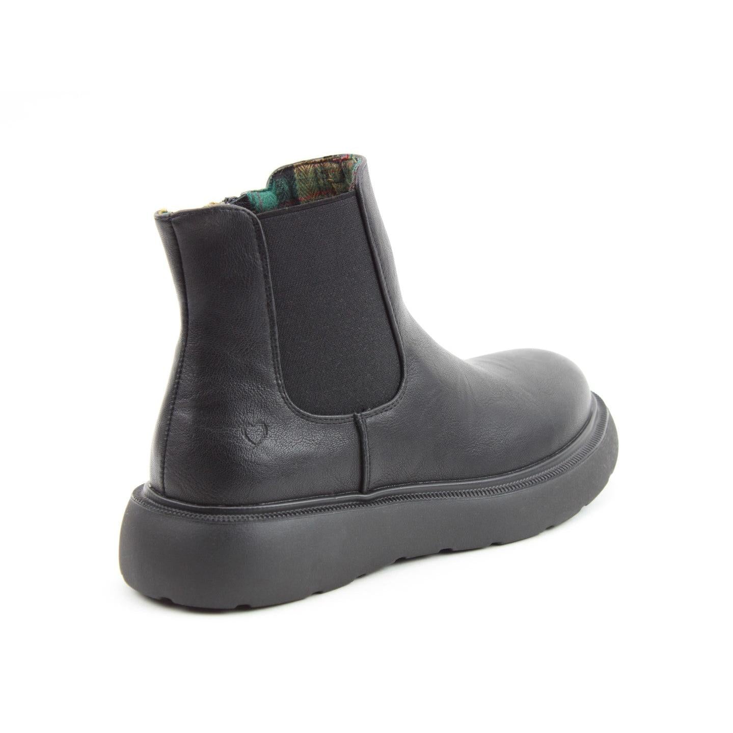 Heavenly Feet Azalea women's black vegan ankle boots with side zipper and chunky sole, featuring a colorful interior lining.