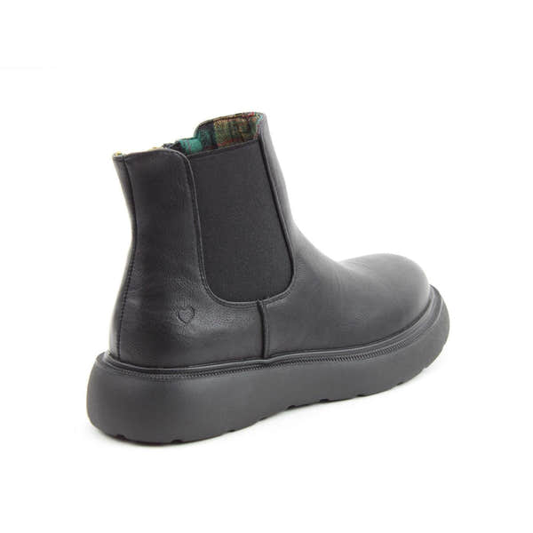 Heavenly Feet Azalea women's black vegan ankle boots with side zipper and chunky sole, featuring a colorful interior lining.