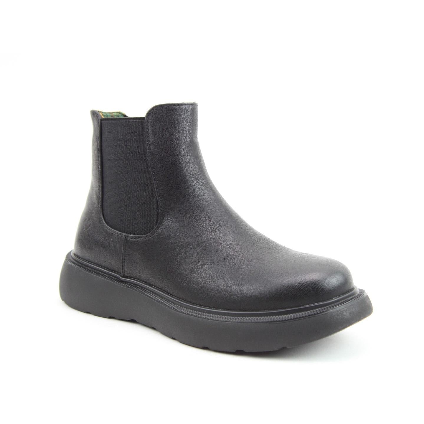 Heavenly Feet Azalea Ladies Black Vegan Side Zip Ankle Boots, slip-on style with elastic panels, chunky sole, and vegan leather finish.