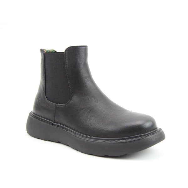 Heavenly Feet Azalea Ladies Black Vegan Side Zip Ankle Boots, slip-on style with elastic panels, chunky sole, and vegan leather finish.