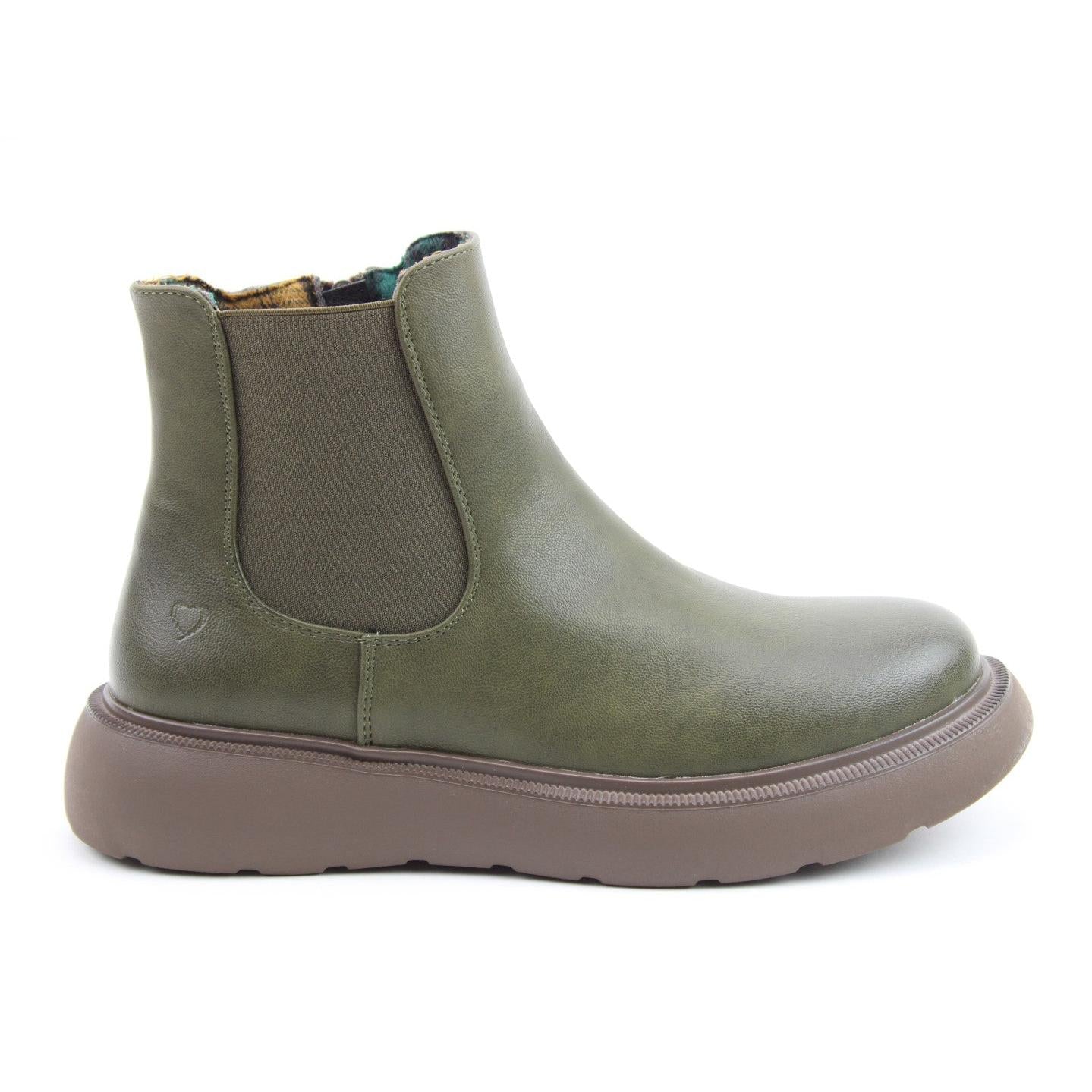 Heavenly Feet Azalea Ladies Khaki Vegan Side Zip Ankle Boots, eco-friendly slip-on footwear with chunky sole and stylish design.