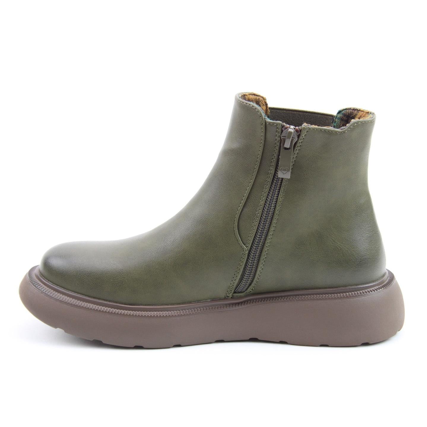 Heavenly Feet Azalea Ladies Khaki Vegan Side Zip Ankle Boots with cushioned sole and contrasting outsole.