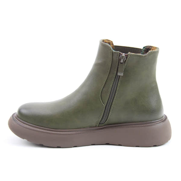 Heavenly Feet Azalea Ladies Khaki Vegan Side Zip Ankle Boots with cushioned sole and contrasting outsole.