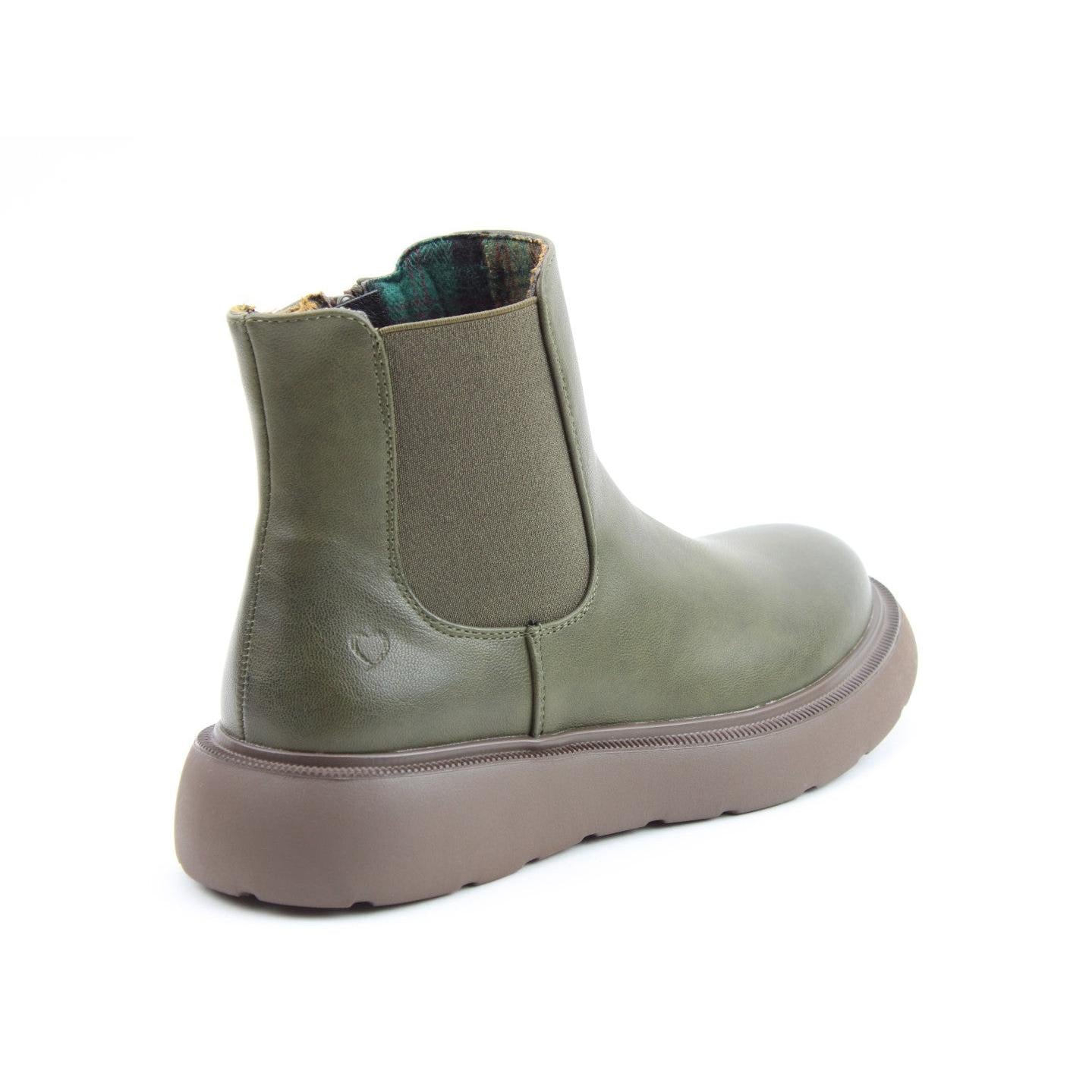 Heavenly Feet Azalea Ladies Khaki Vegan Side Zip Ankle Boots with chunky sole and elastic side panel.