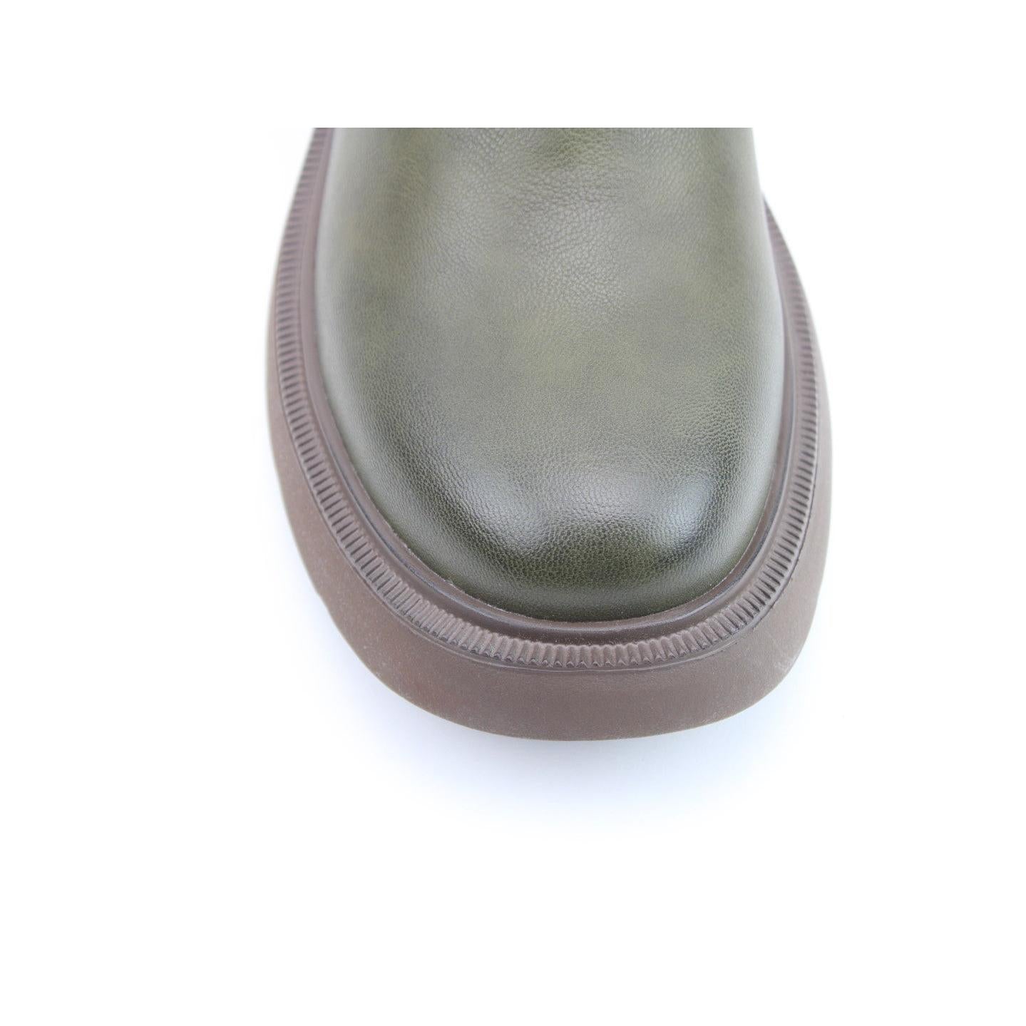 Heavenly Feet Azalea Ladies Khaki Vegan Side Zip Ankle Boots, close-up of olive green leather upper and khaki rubber sole.