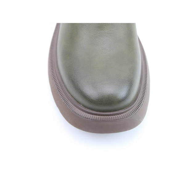 Heavenly Feet Azalea Ladies Khaki Vegan Side Zip Ankle Boots, close-up of olive green leather upper and khaki rubber sole.