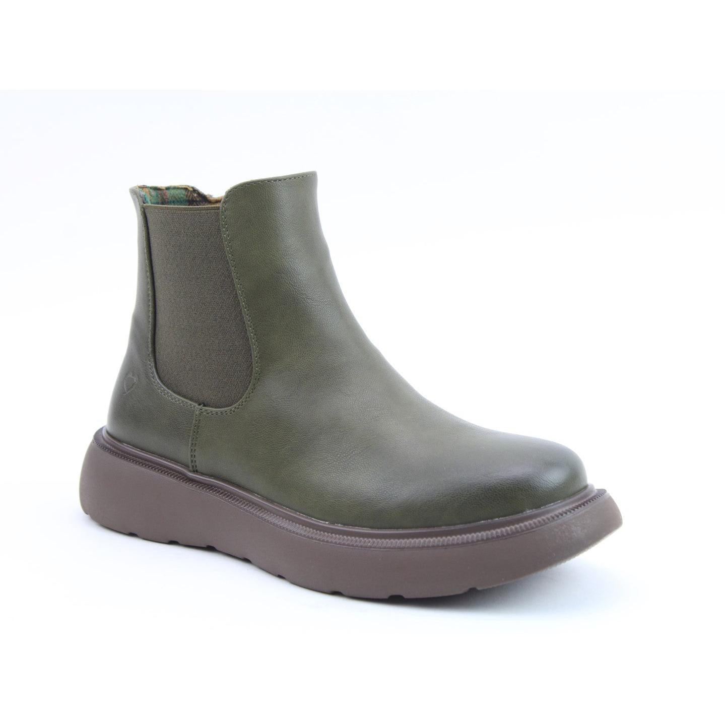 Heavenly Feet Azalea Ladies Khaki Vegan Side Zip Ankle Boots with rubber sole and elastic side panels.