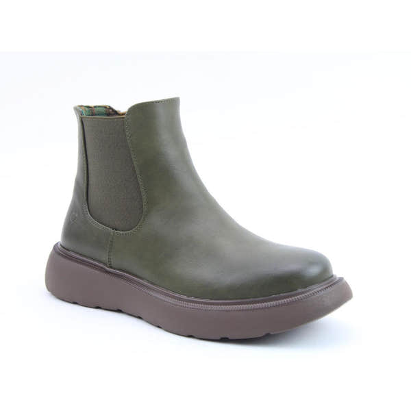 Heavenly Feet Azalea Ladies Khaki Vegan Side Zip Ankle Boots with rubber sole and elastic side panels.