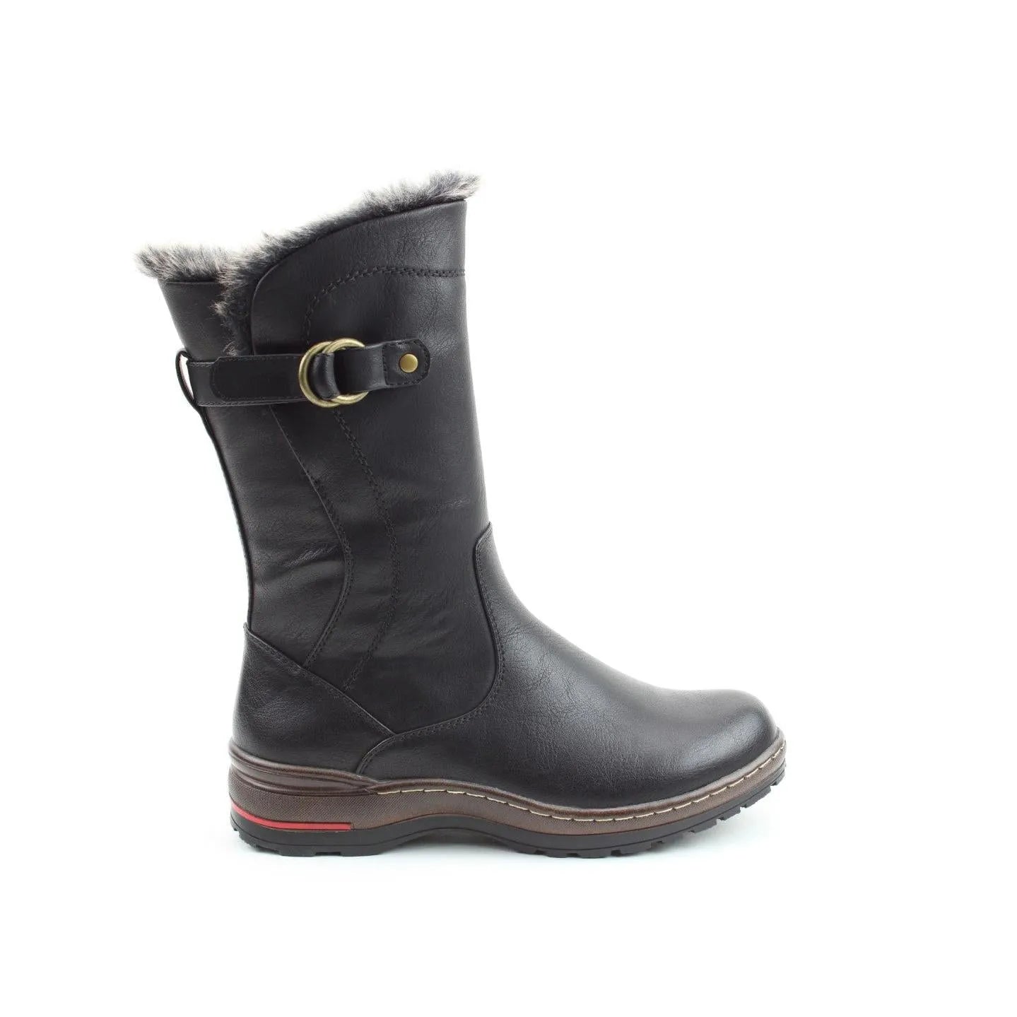Heavenly Feet Bramble ladies black vegan mid-calf boots with side zip, faux fur lining, and buckle detail.