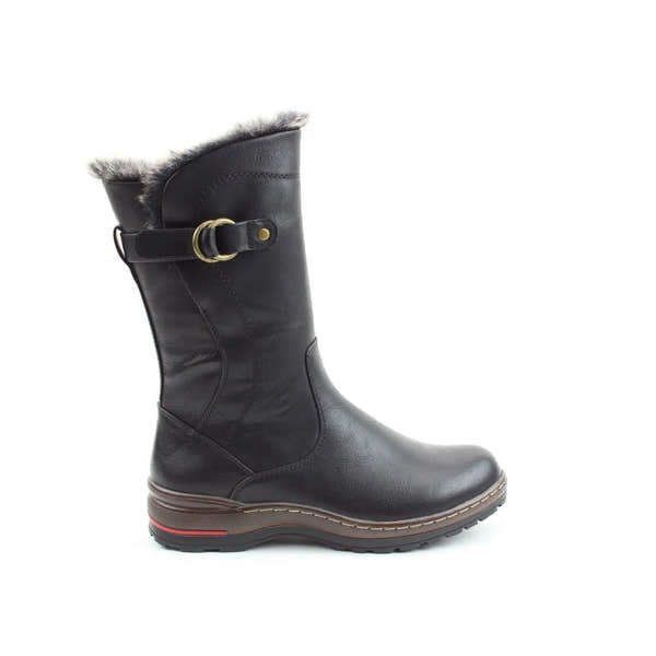 Heavenly Feet Bramble ladies black vegan mid-calf boots with side zip, faux fur lining, and buckle detail.