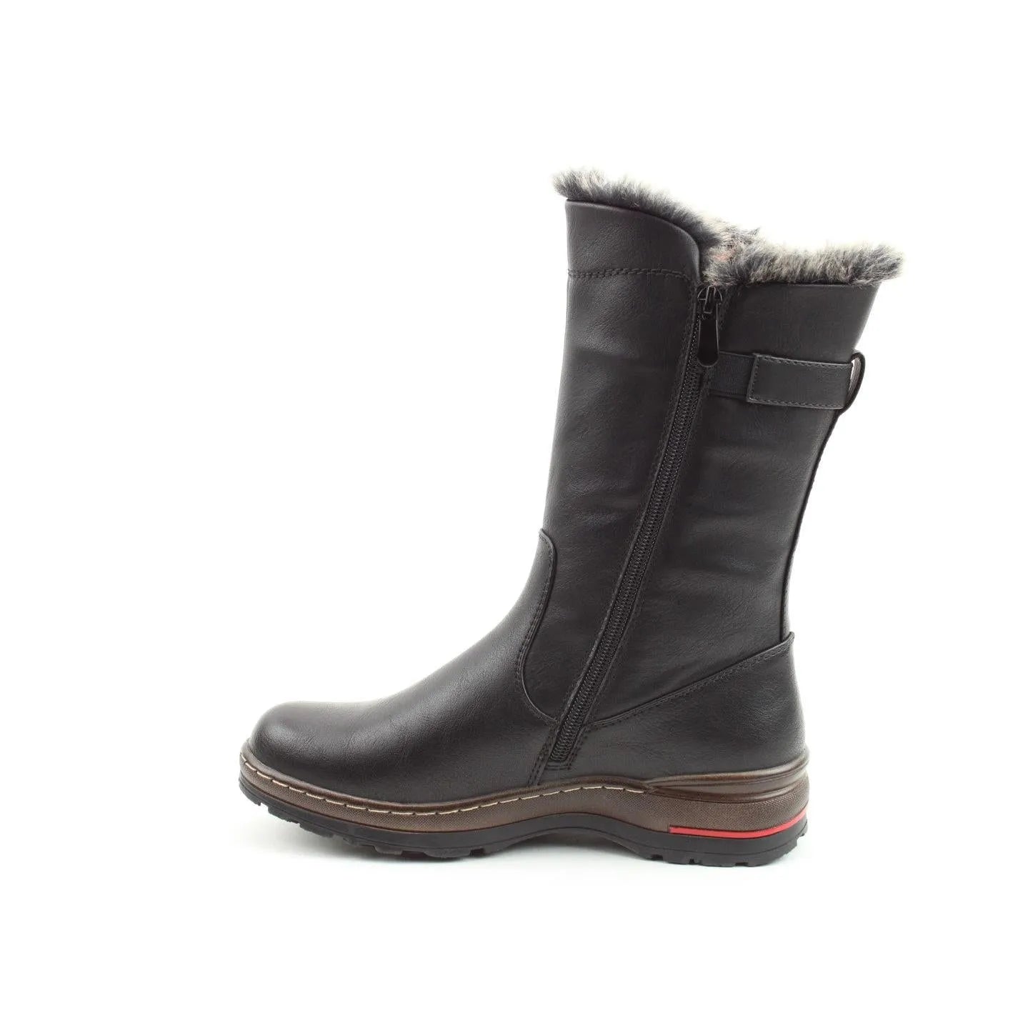 Heavenly Feet Bramble Ladies black vegan mid-calf boots with side zip, faux fur lining, and sturdy sole.