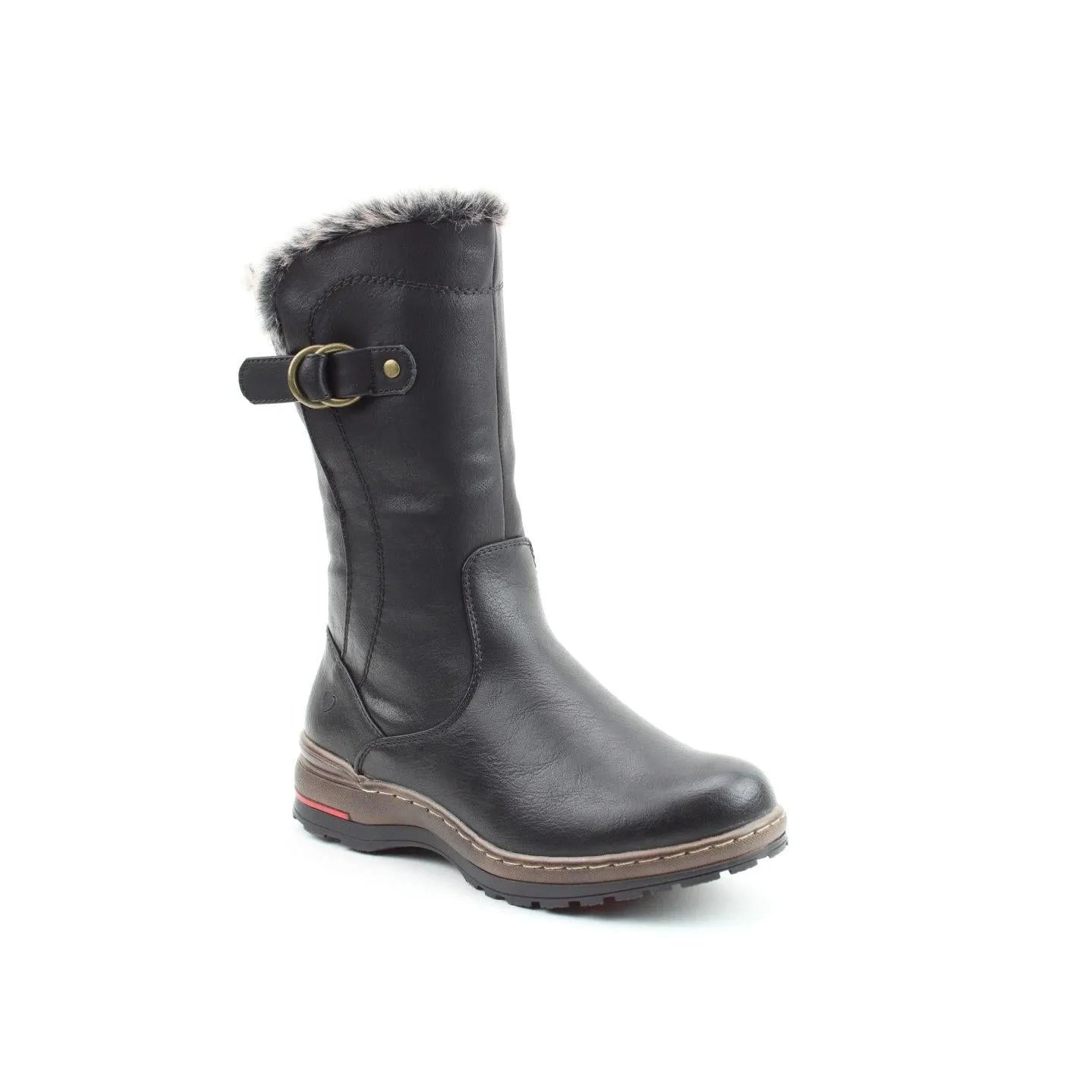 Heavenly Feet Bramble Ladies Black Vegan Mid-Calf Boots with Side Zip, faux leather, faux fur trim, and sturdy sole.
