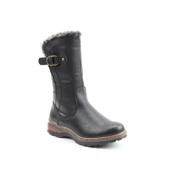 Heavenly Feet Bramble Ladies Black Vegan Mid-Calf Boots with Side Zip, faux leather, faux fur trim, and sturdy sole.