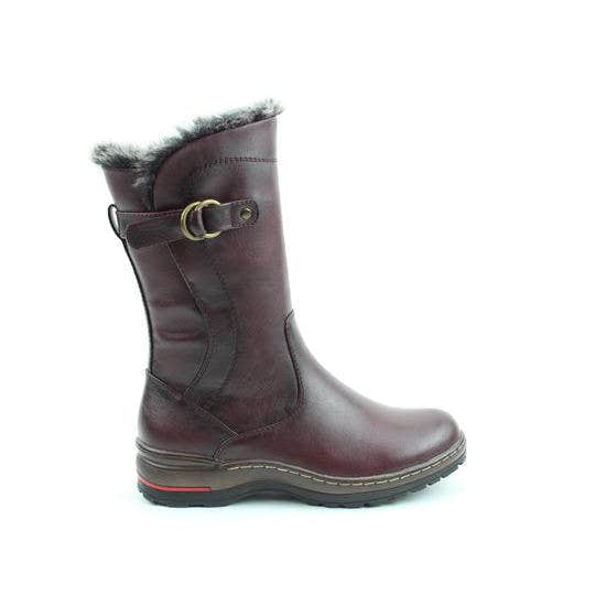 Heavenly Feet Bramble1 Burgundy Vegan Side Zip Mid-Calf Boots with faux fur trim and sturdy sole.