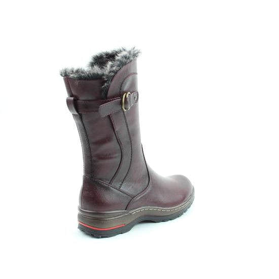 Heavenly Feet Bramble1 women's burgundy vegan mid-calf boots with faux fur lining, side zip, and buckle detail.