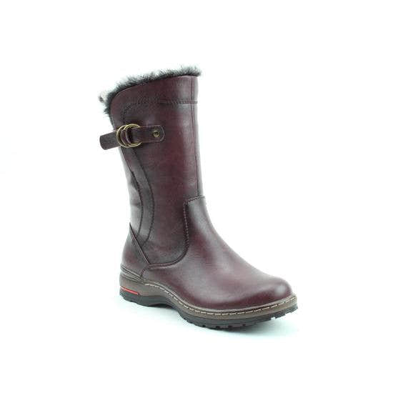 Heavenly Feet Bramble1 women's burgundy vegan mid-calf boots with side zipper, faux fur trim, and sturdy sole.