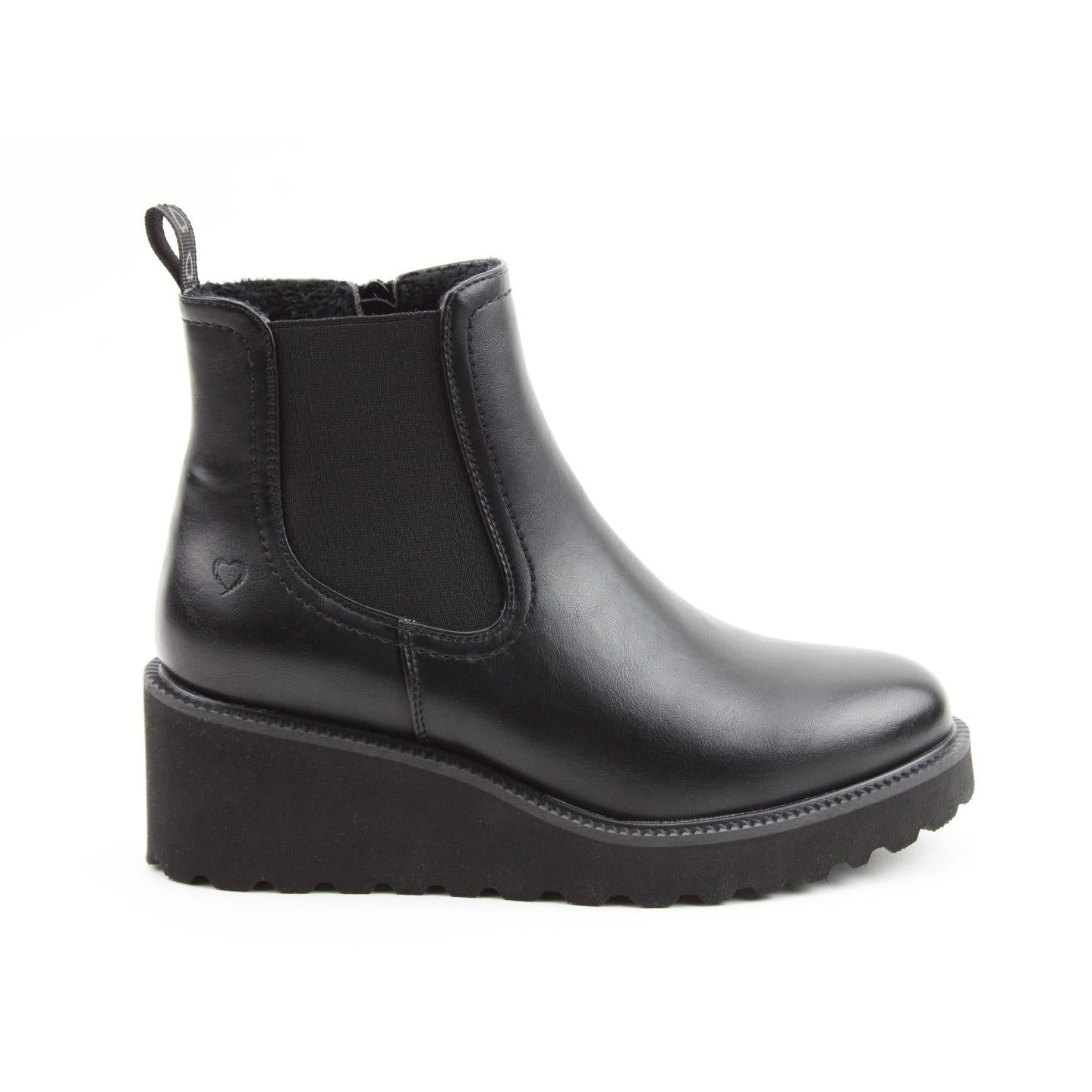 Heavenly Feet Clematis Ladies Black Vegan Side Zip Ankle Boots, faux leather, chunky platform sole, side elastic panels, pull tab, stylish and comfortable.