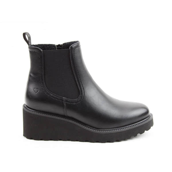 Heavenly Feet Clematis Ladies Black Vegan Side Zip Ankle Boots, faux leather, chunky platform sole, side elastic panels, pull tab, stylish and comfortable.