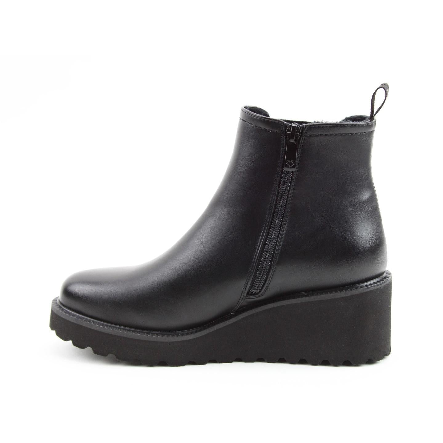 Heavenly Feet Clematis black vegan ankle boots with side zip, faux leather, chunky wedge heel, and pull tab at back.