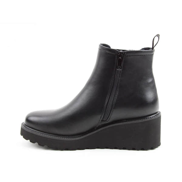 Heavenly Feet Clematis black vegan ankle boots with side zip, faux leather, chunky wedge heel, and pull tab at back.