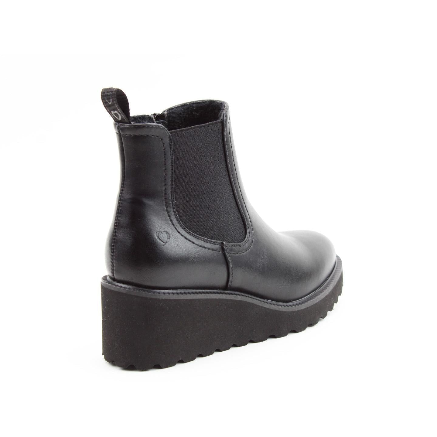 Heavenly Feet Clematis black vegan ankle boots with side zip, chunky sole, and slip-on design for women.