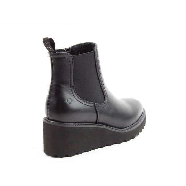 Heavenly Feet Clematis black vegan ankle boots with side zip, chunky sole, and slip-on design for women.
