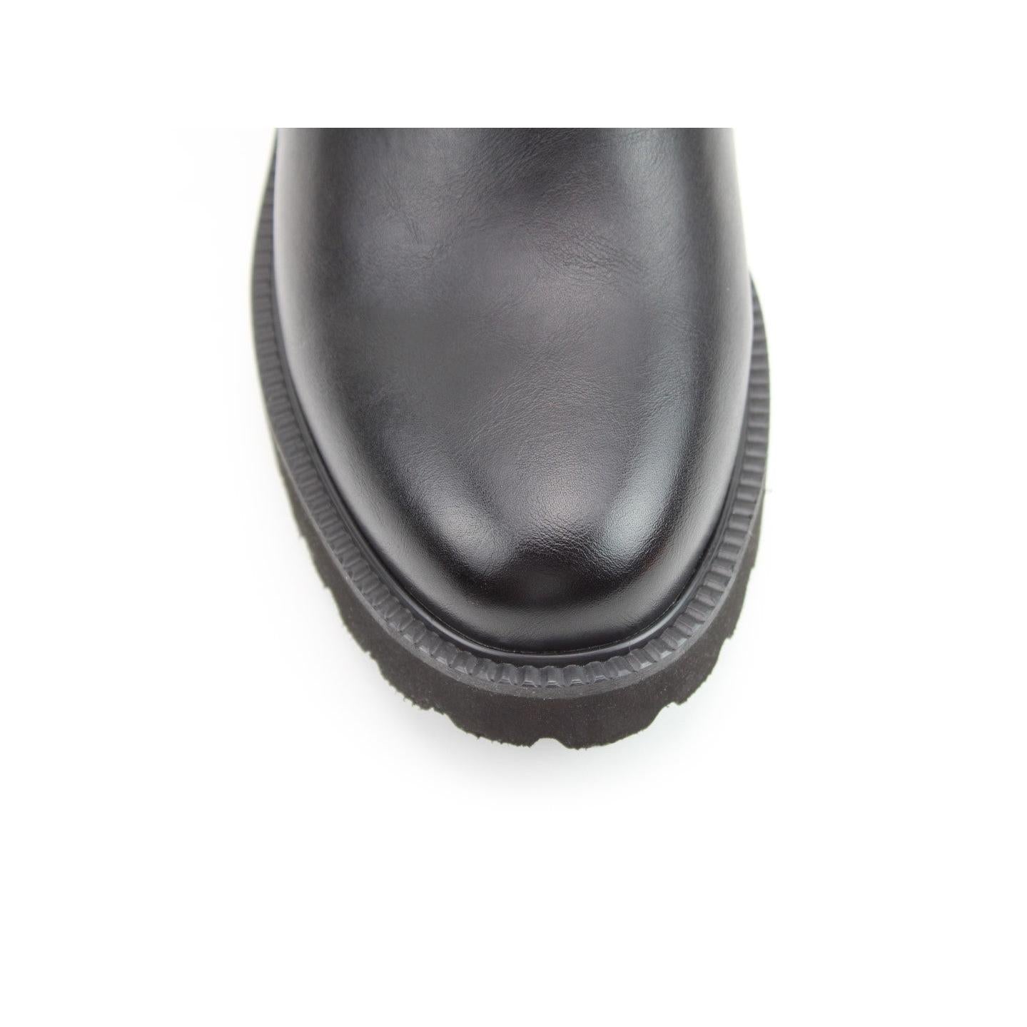 Close-up of black vegan ankle boots with side zip, rounded toe, and chunky sole from Heavenly Feet Clematis collection.