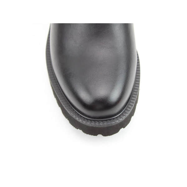 Close-up of black vegan ankle boots with side zip, rounded toe, and chunky sole from Heavenly Feet Clematis collection.