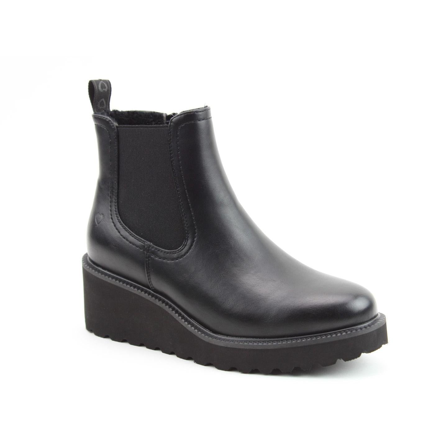 Heavenly Feet Clematis women's black vegan ankle boots with side zip, chunky wedge heel, and elastic side panels.