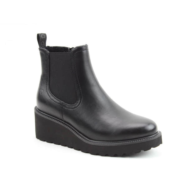 Heavenly Feet Clematis women's black vegan ankle boots with side zip, chunky wedge heel, and elastic side panels.