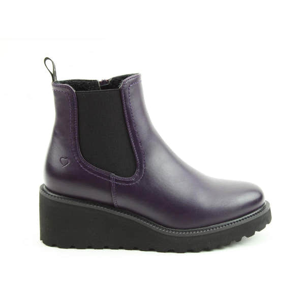 Heavenly Feet Clematis Ladies Purple Vegan Side Zip Ankle Boots with chunky black sole and pull tab, stylish vegan leather design.