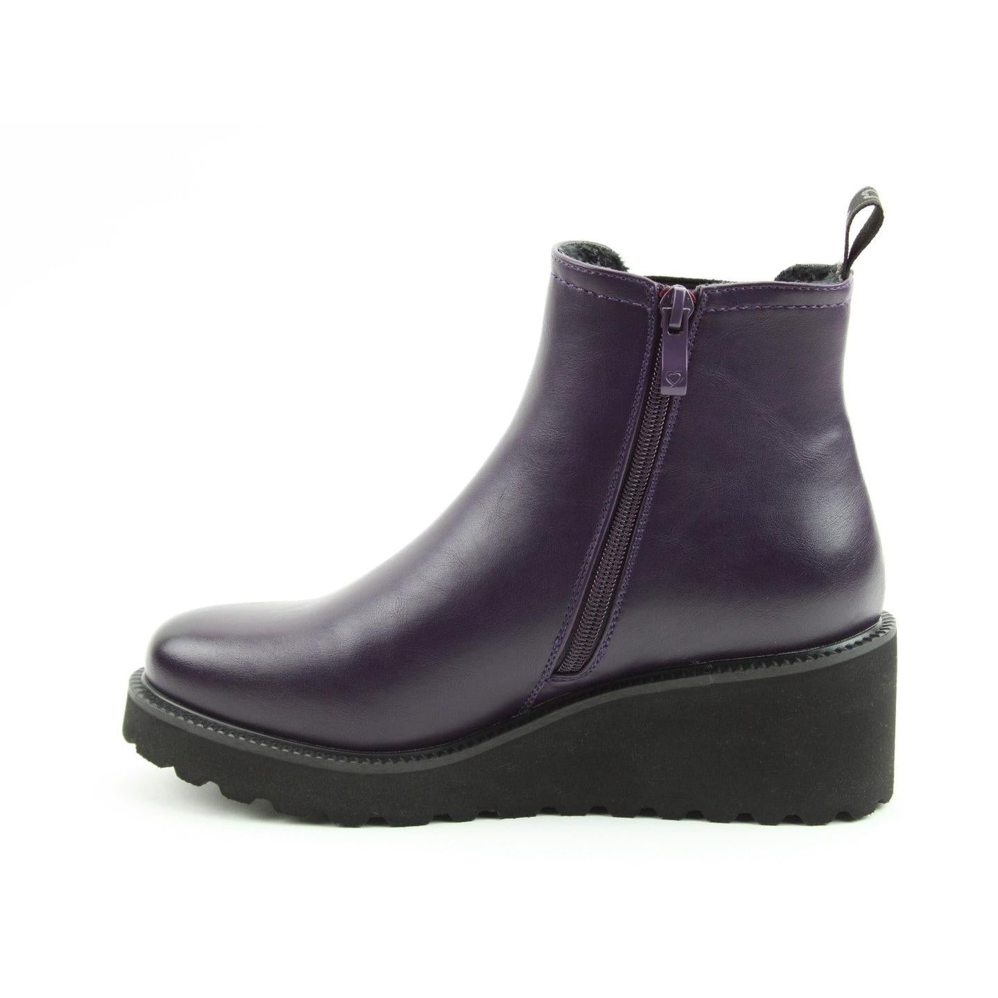 Heavenly Feet Clematis Ladies Purple Vegan Side Zip Ankle Boots with wedge sole and pull tab.