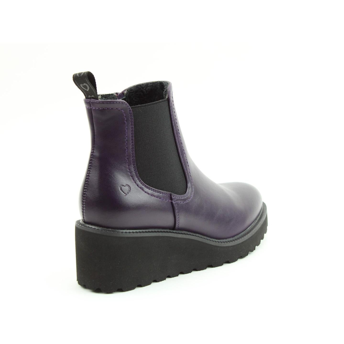 Heavenly Feet Clematis Ladies Purple Vegan Side Zip Ankle Boots with chunky rubber sole and elastic side panels.
