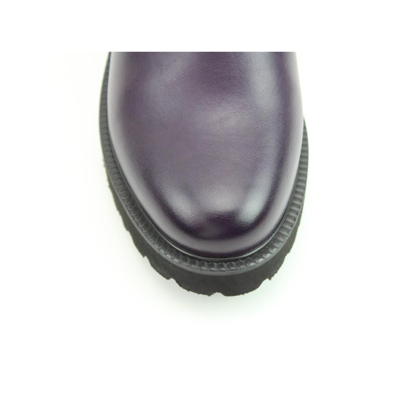 Heavenly Feet Clematis Ladies Purple Vegan Side Zip Ankle Boots, close-up of rounded toe, chunky black sole, and side zipper.