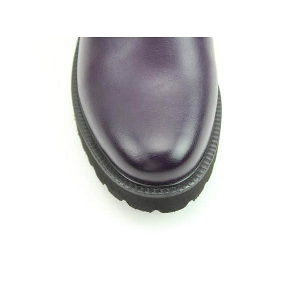 Heavenly Feet Clematis Ladies Purple Vegan Side Zip Ankle Boots, close-up of rounded toe, chunky black sole, and side zipper.