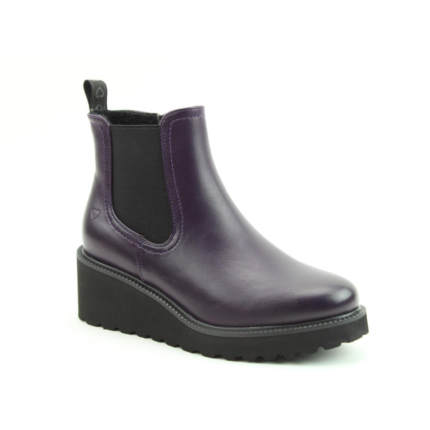 Heavenly Feet Clematis Ladies Purple Vegan Side Zip Ankle Boots with chunky black sole and pull tab, stylish and eco-friendly footwear.
