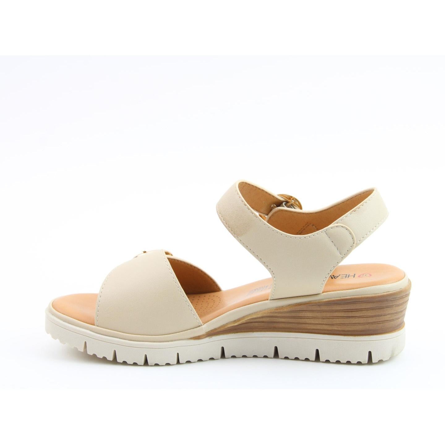 Heavenly Feet Concord Ladies beige vegan buckle sandals with cushioned footbed and chunky wedge sole.