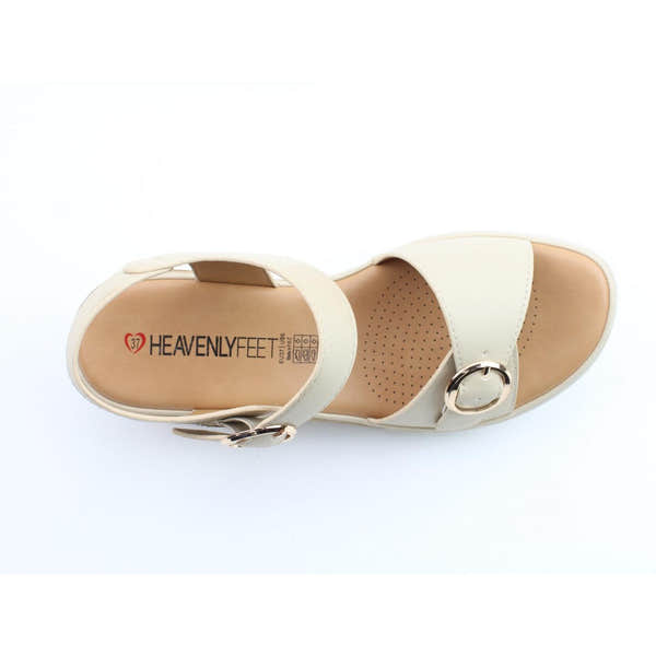 Heavenly Feet Concord beige vegan buckle sandals for women, with cushioned insole and adjustable ankle strap.