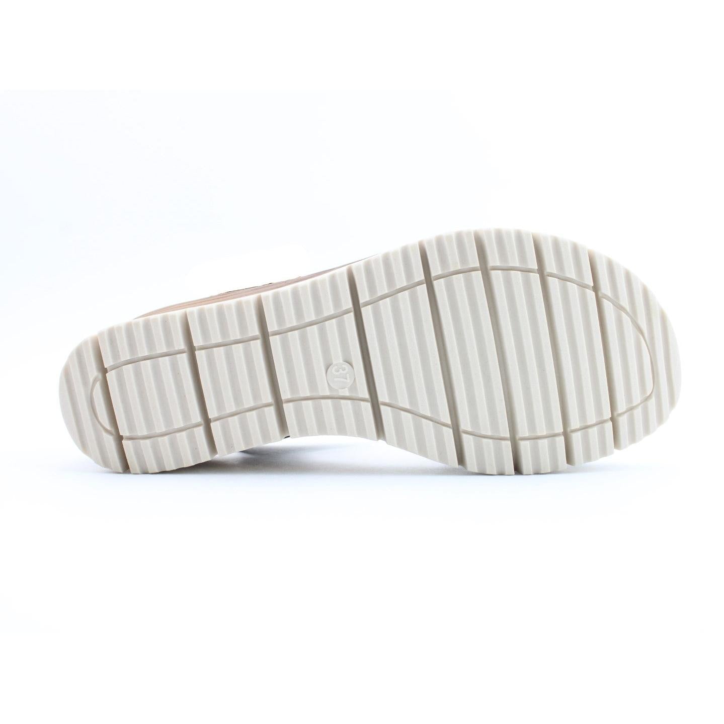 Heavenly Feet Concord Ladies beige vegan buckle sandals, sole view with textured slip-resistant outsole.