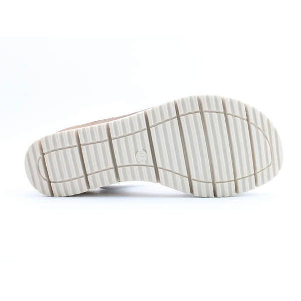 Heavenly Feet Concord Ladies beige vegan buckle sandals, sole view with textured slip-resistant outsole.