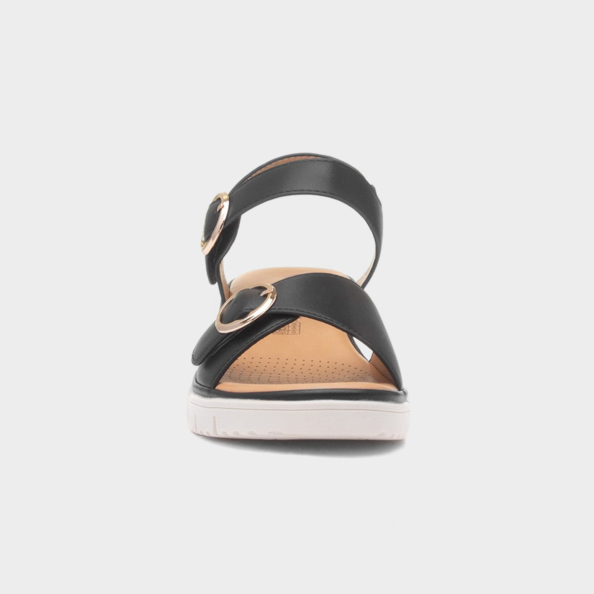 Heavenly Feet Concord Ladies Black Vegan Buckle Sandals with adjustable straps and white sole.