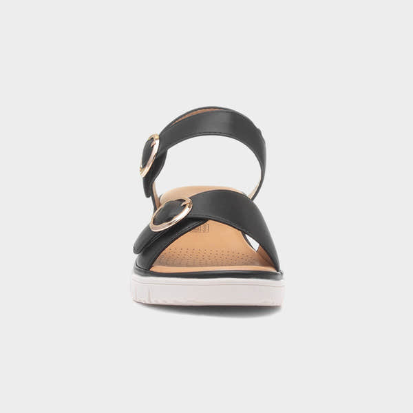 Heavenly Feet Concord Ladies Black Vegan Buckle Sandals with adjustable straps and white sole.