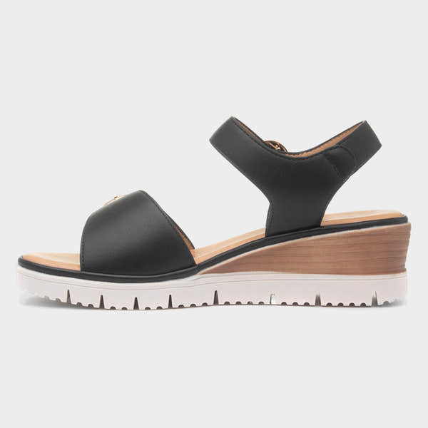 Heavenly Feet Concord Ladies black vegan buckle sandals with cushioned insole and chunky wedge heel.
