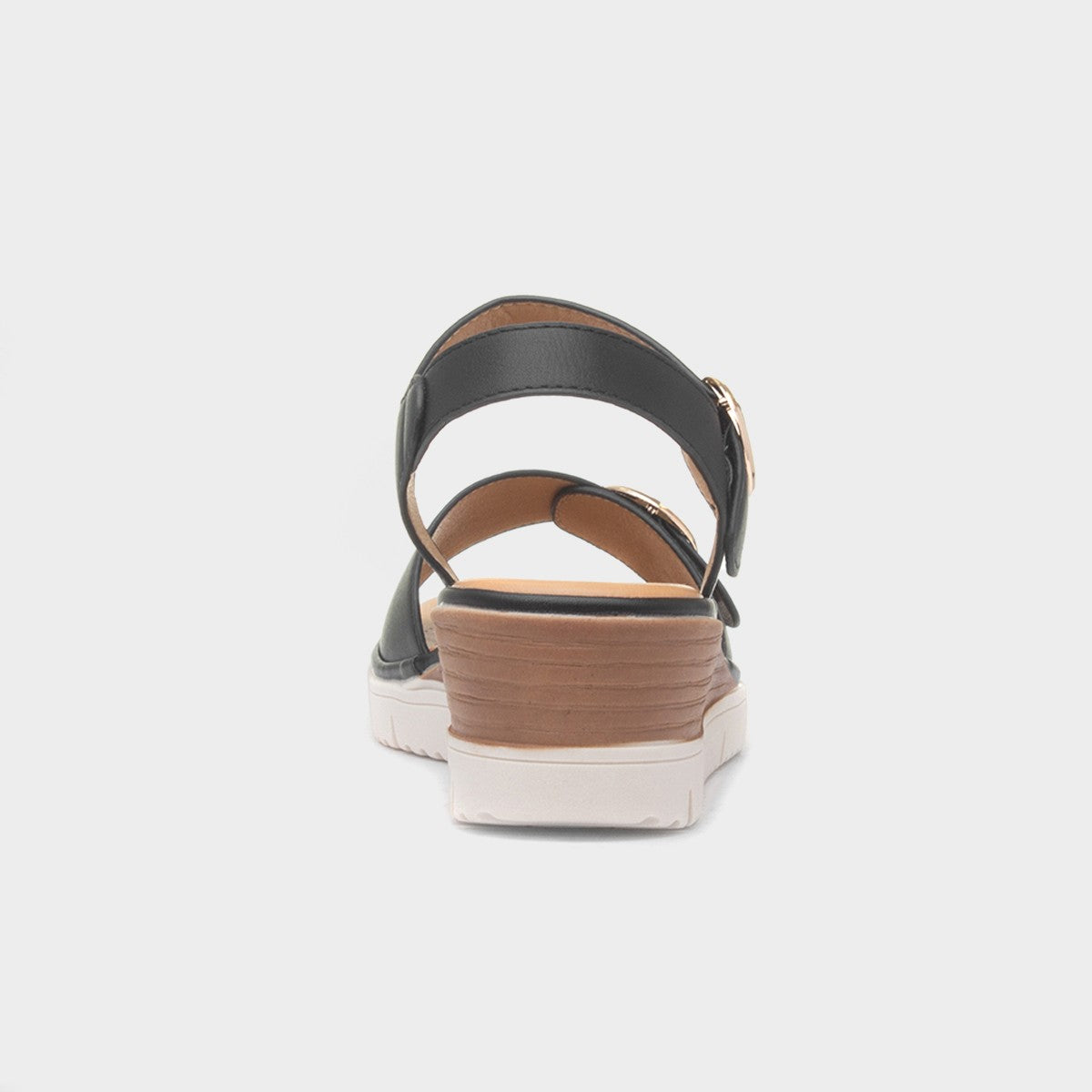 Heavenly Feet Concord women's black vegan buckle sandals with cushioned sole and slip-on design.
