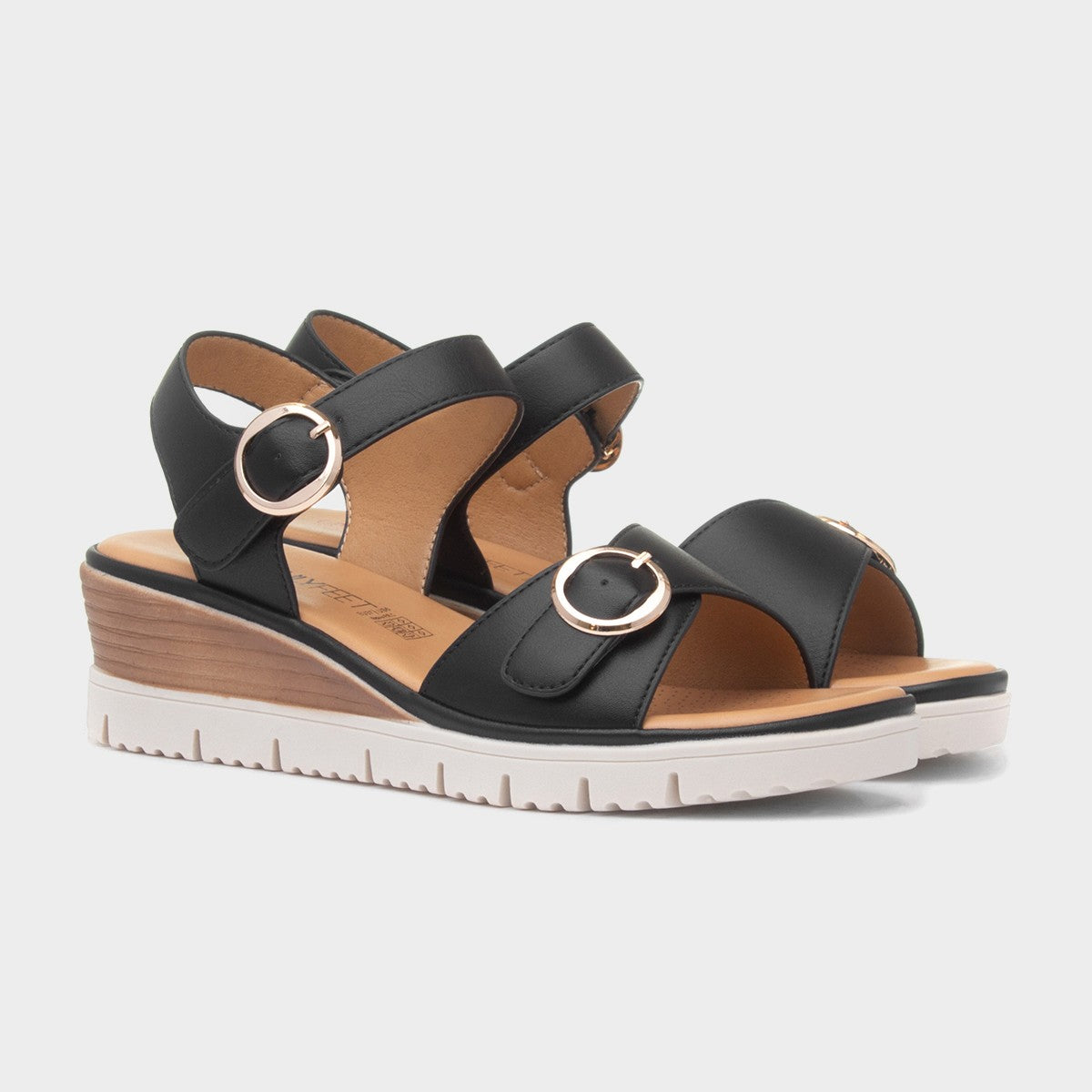 Heavenly Feet Concord Ladies Black Vegan Buckle Sandals with adjustable straps and cushioned sole.