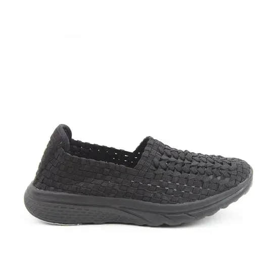Heavenly Feet Cosmos3 women's black vegan textile elasticated slip-on shoes with cushioned sole.