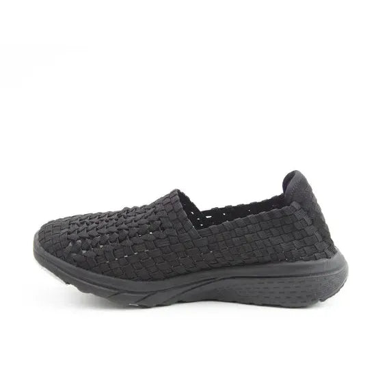 Heavenly Feet Cosmos3 Ladies Black Textile Vegan Elasticated Shoes, slip-on lightweight casual footwear with woven design.