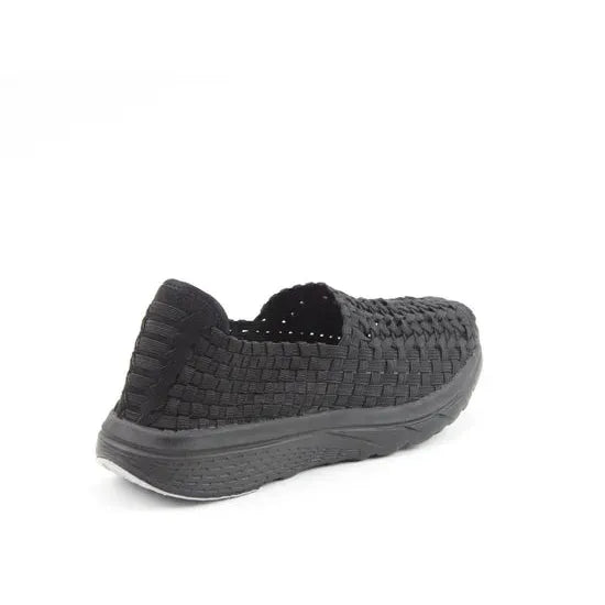 Heavenly Feet Cosmos3 women's black textile vegan elasticated shoes with a woven design and comfortable slip-on style.